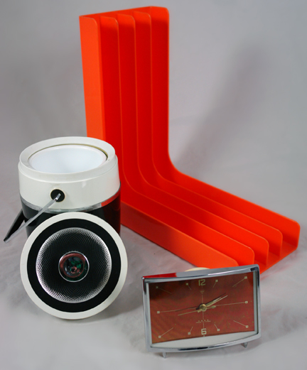 trio of new H is for Home stock items; orange vintage plastic Gustavsberg record holder, orange mantle clock and vintage black & white ice bucket