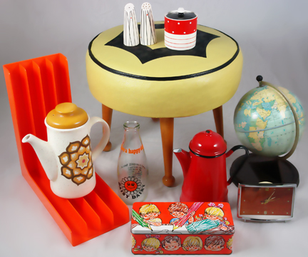 new H is for Home stock items including yellow 1950s leatherette footstool, vintage Chad Valley globe, Kirkham Pottery salt & pepper and preserve pot and other vintage items
