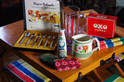 selection of vintage items sourced in August 2011 including a vintage carry picnic set, pair of Welsh wool purses, Oxo tin, Viners Splayds and Figgjo Flint bud vase