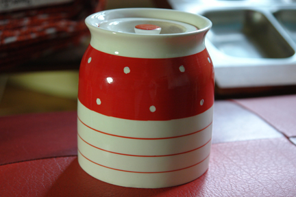 vintage red & white polka dot Kirkham Pottery lidded pot