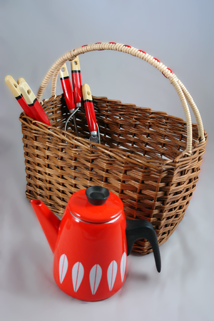 selection of recently acquired vintage shop stock for H is for Home including a red orange & white Cathrineholm Lotus enamel kettle, selection of Skyline kitchen utensils and wicker shopping basket