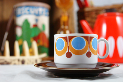 selection of recently acquired vintage shop stock for H is for Home including a set of four 1970s pottery cups & saucers