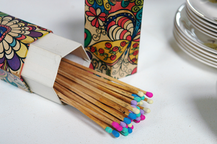 vintage fire lighting matches with colourful tips in original hexagonal shaped, cardboard box