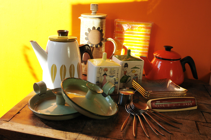 selection of vintage items soon to be available from H is for Home including Briglin Pottery coffee pot, Cathrineholm coffee pot, orange enamel coffee pot, vintage Vera pillow cases, 4 Chance Glass pin dishes, pair of green enamel candleholders, Robert Welch for Old Hall stainless steel mustard pot & spoon, set of 6 Wostenholm stainless steel dessert spoons, Smiths desktop thermometer and pair of Italian Ceramica Di Milano handpainted lidded pots decorated with female figures selection of vintage items soon to be available from H is for Home including Briglin Pottery coffee pot, Cathrineholm coffee pot, orange enamel coffee pot, vintage Vera pillow cases, 4 Chance Glass pin dishes, pair of green enamel candleholders, Robert Welch for Old Hall stainless steel mustard pot & spoon, set of 6 Wostenholm stainless steel dessert spoons, Smiths desktop thermometer and pair of Italian Ceramica Di Milano handpainted lidded pots decorated with female figures