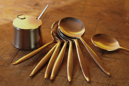 vintage Robert Welch for Old Hall stainless steel mustard pot & spoon and set of 6 Wostenholm stainless steel dessert spoons vintage Robert Welch for Old Hall stainless steel mustard pot & spoon and set of 6 Wostenholm stainless steel dessert spoons