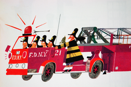 illustration from Miroslav Sasek's vintage children's book, "This is... New York" showing firemen in a fire engine