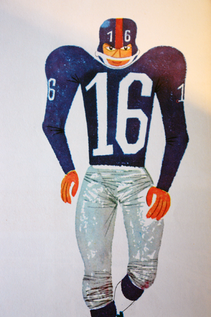 illustration from Miroslav Sasek's vintage children's book, "This is... New York" showing an American footballer