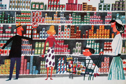 illustration from Miroslav Sasek's vintage children's book, "This is... New York" showing people in the aisle of a grocery store