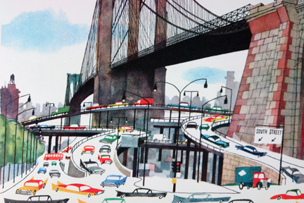 illustration from Miroslav Sasek's vintage children's book, "This is... New York" showing Brooklyn Bridge with cars passing beneath it