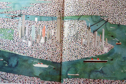 illustration from Miroslav Sasek's vintage children's book, "This is... New York" showing an aerial view of Manhattan's skyscrapers and the Hudson River in a pixelated style