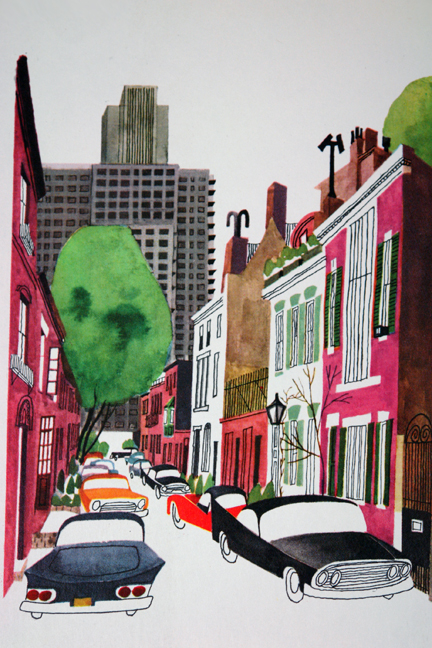 illustration from Miroslav Sasek's vintage children's book, "This is... New York" showing a view of a city street lined with cars