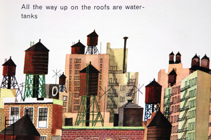 illustration from Miroslav Sasek's vintage children's book, "This is... New York" showing a view of water tanks in a city scape