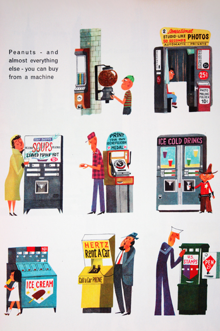 illustration from Miroslav Sasek's vintage children's book, "This is... New York" showing various types of vending machines