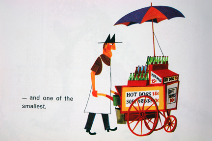 illustration from Miroslav Sasek's vintage children's book, "This is... New York" showing a street vendor selling hot dogs and soft drinks