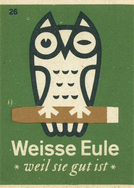 vintage german matchbox cover with owl illustration