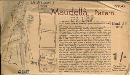 vintage 1950s "Maudella" paper pattern of a bridesmaid's dress