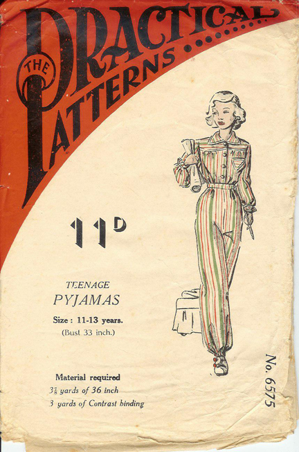 vintage 1950s "Practical Patterns" paper pattern for a teenager's pajama set