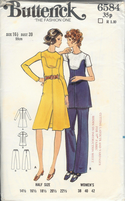vintage 1970s Butterick paper pattern for women's shirt dress, tunic and trousers