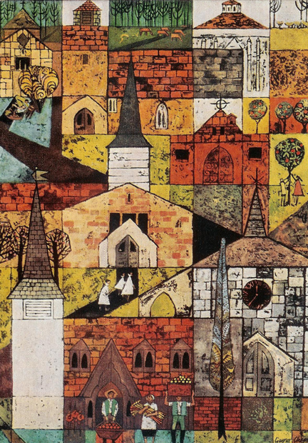 vintage 1962 London Transport postcard. "Village Churches" designed by Gaynor Chapman vintage 1962 London Transport postcard. "Village Churches" designed by Gaynor Chapman