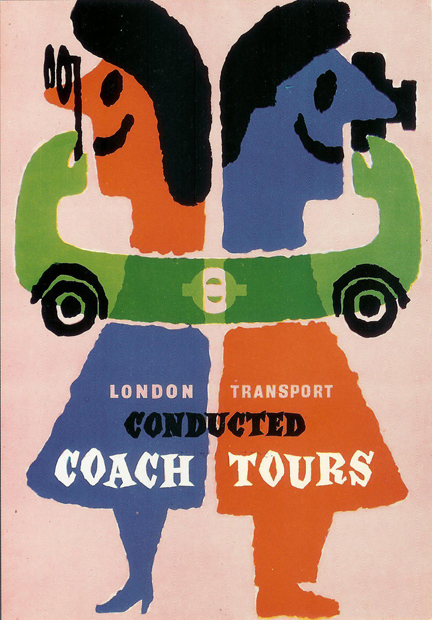 vintage 1960 London Transport postcard. "Conducted Coach Tours" designed by Abram Games vintage 1960 London Transport postcard. "Conducted Coach Tours" designed by Abram Games