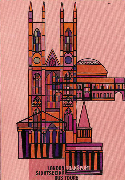 vintage 1961 London Transport postcard. "London Sightseeing Bus Tours" designed by Karo