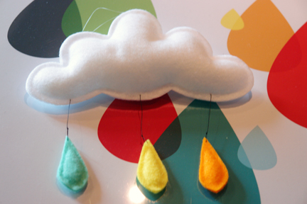 detail of white felt cloud and multicoloured rain drop mobile on rain rain, go away poster