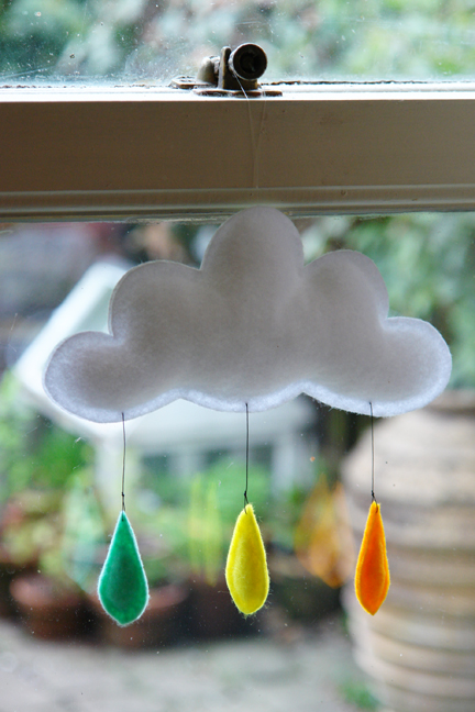 detail of handmade raincloud mobile hanging from our kitchen window