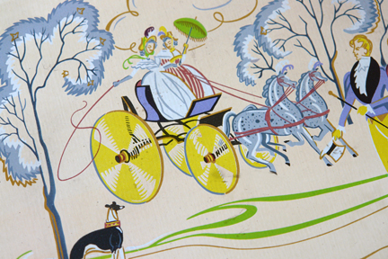 detail from a vintage biscuit tin produced by A Romary and Company Limited decorated with Regency period figures of dandies promenading and ladies in a horse drawn carriage detail from a vintage biscuit tin produced by A Romary and Company Limited decorated with Regency period figures of dandies promenading and ladies in a horse drawn carriage