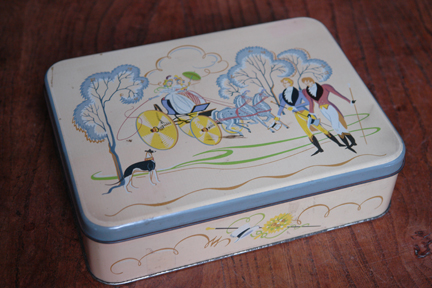 vintage biscuit tin produced by A Romary and Company Limited decorated with Regency period figures of dandies promenading and ladies in a horse drawn carriage vintage biscuit tin produced by A Romary and Company Limited decorated with Regency period figures of dandies promenading and ladies in a horse drawn carriage