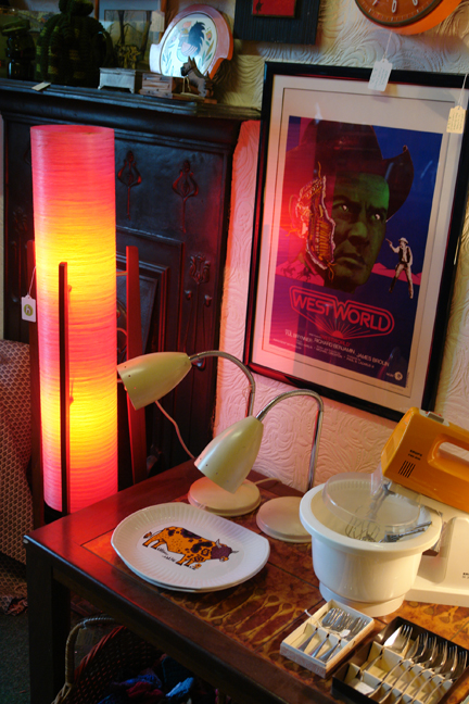 lit up lavender coloured vintage rocket lamp in Picture House Antiques