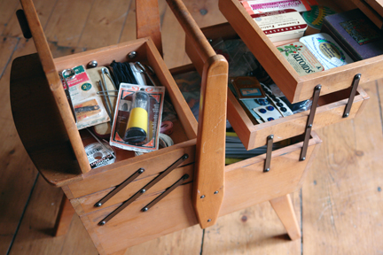 vintage wooden sewing box with contents