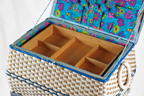 vintage blue dandycord sewing box on legs