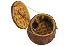 round, cane vintage sewing box with yellow quilted interior