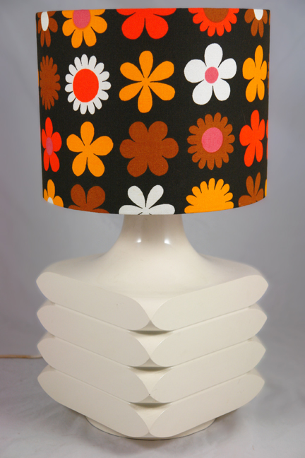 large white vintage geometric table lamp base topped with a vintage Genia Sapper "Heidi" fabric shade large white vintage geometric table lamp base topped with a vintage Genia Sapper "Heidi" fabric shade