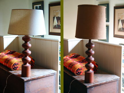 diptych image of vintage Danish teak lamp base with two different shades diptych image of vintage Danish teak lamp base with two different shades