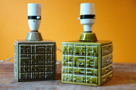 pair of small, olive green, cube-shaped vintage Poole Pottery lamp bases with geometric pattern decoration pair of small, olive green, cube-shaped vintage Poole Pottery lamp bases with geometric pattern decoration