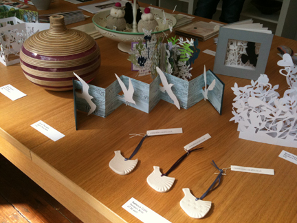 tabletop of various art & craft works available at Snug Gallery in Hebden Bridge