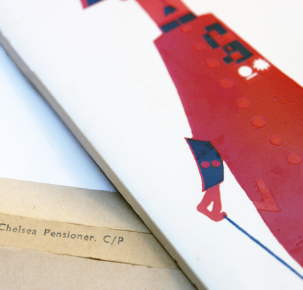 detail of vintage "Chelsea Pensioners" ceramic tile designed by Kenneth Townsend showing original packaging detail of vintage "Chelsea Pensioners" ceramic tile designed by Kenneth Townsend showing original packaging