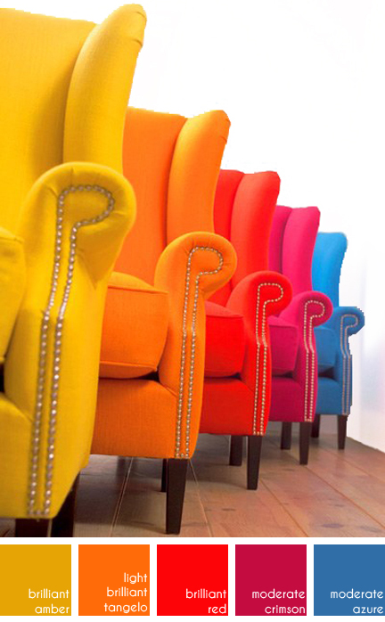 set of 5 wingback armchairs in rainbow colours upholstered in fabric from the Unique by Chivasso collection