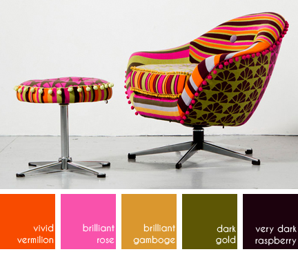 Denryn Relph's colourful upholstered swivel chair & footstool in Denryn Relph's colourful upholstered swivel chair & footstool in