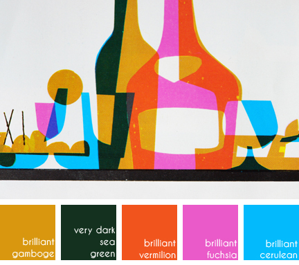 detail from vintage BOAC drinks menu showing stylised bottles, glasses & olives
