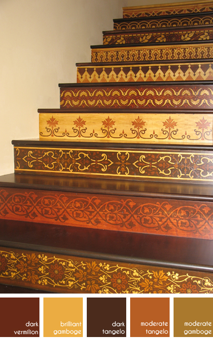 flight of stair risers stained with different marquetry patterns