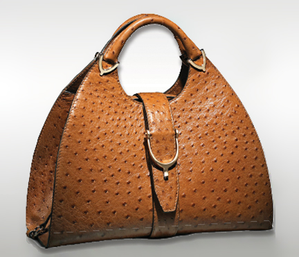Gucci Stirrup tan coloured ostrich skin handbag seen in Stylist Magazine